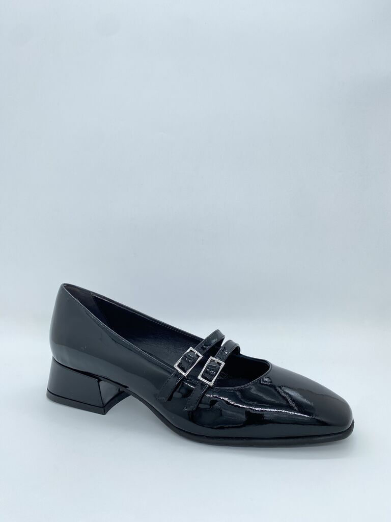 Black Patent Mary Jane Heels with Double Buckle