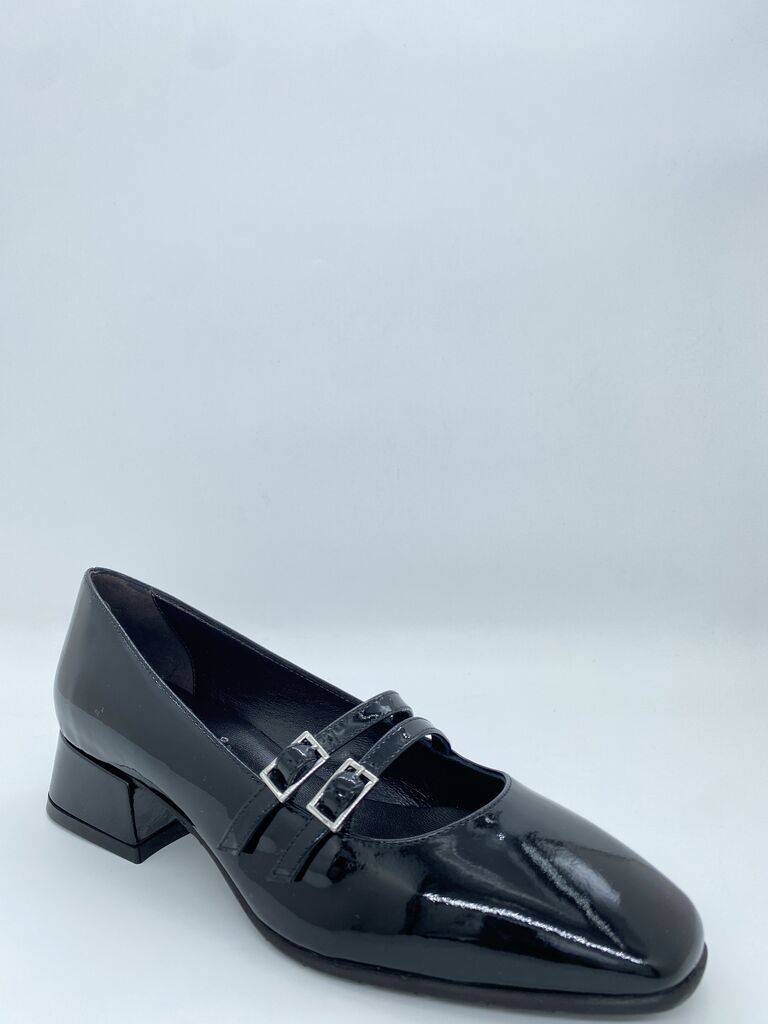 Black Patent Mary Jane Heels with Double Buckle