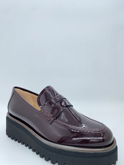 Burgundy Patent Leather Platform Loafer with Chunky Sole