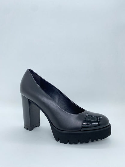 Black Patent Leather Chunky Heel with Lug Sole