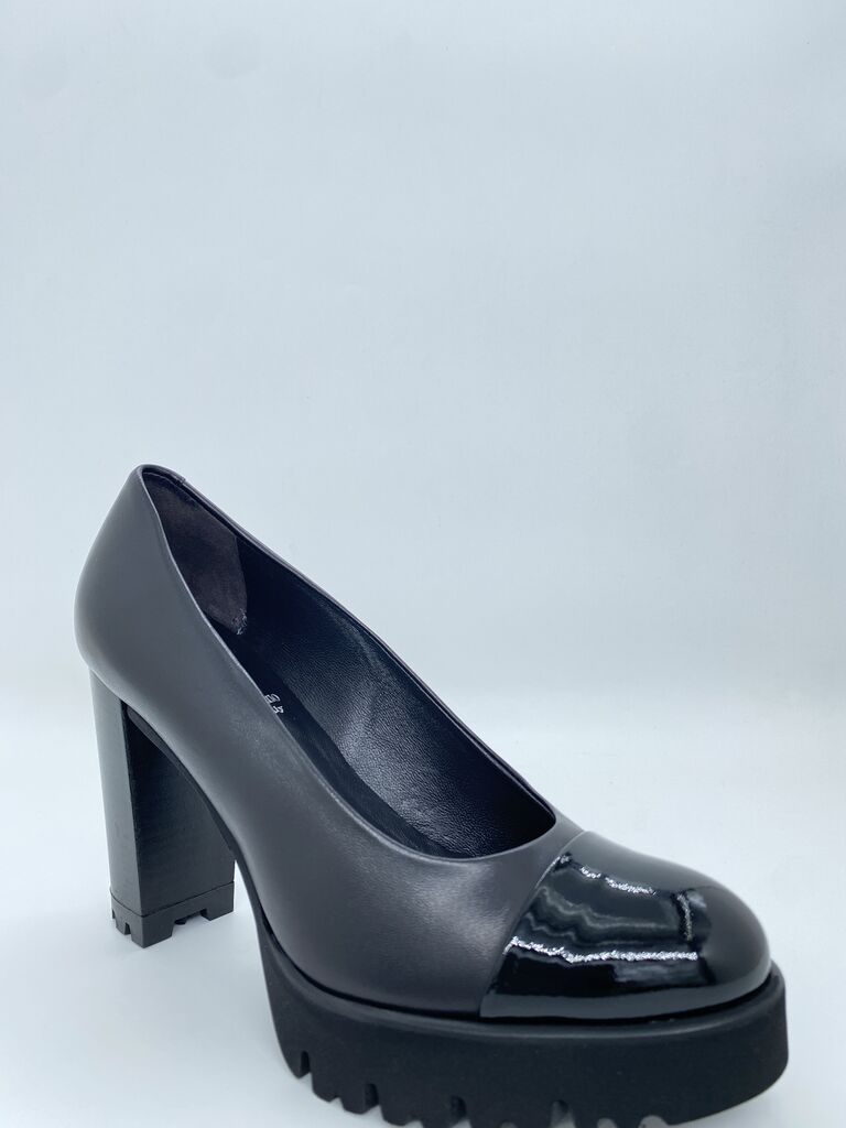 Black Patent Leather Chunky Heel with Lug Sole