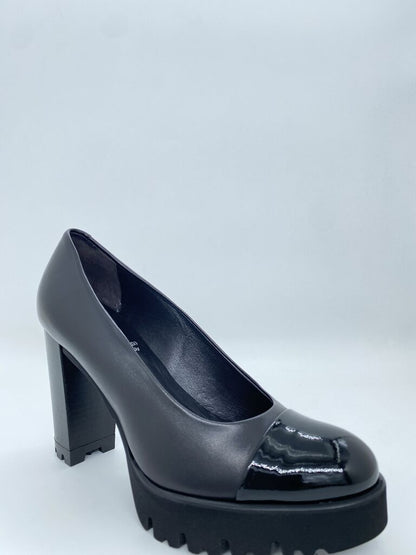 Black Patent Leather Chunky Heel with Lug Sole