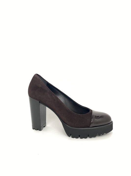 Brown Suede High Heel Pump with Glossy Cap Toe