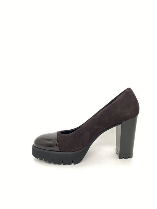 Black Suede High Heel Pump with Glossy Cap Toe
