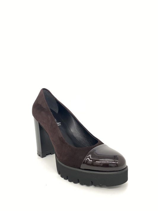 Black Suede High Heel Pump with Glossy Cap Toe