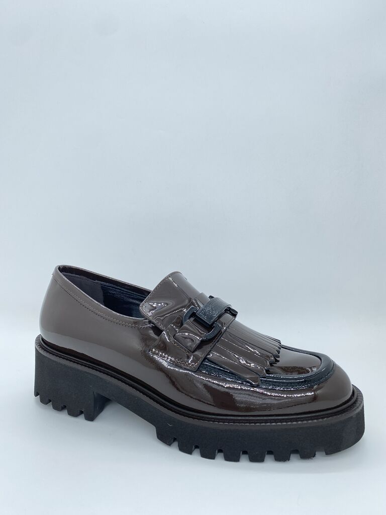 Dark Patent Leather Fringe Loafers with Chunky Sole