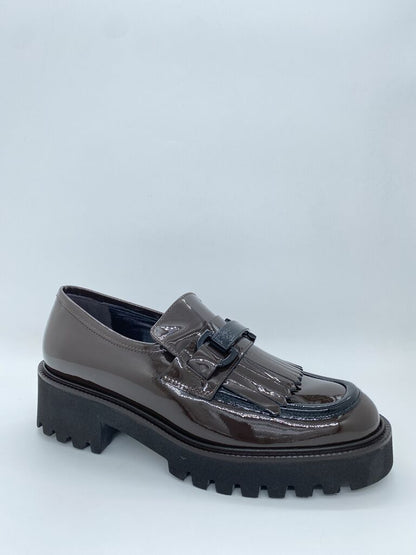 Dark Patent Leather Fringe Loafers with Chunky Sole