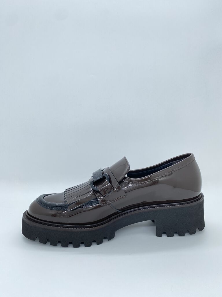 Dark Patent Leather Fringe Loafers with Chunky Sole