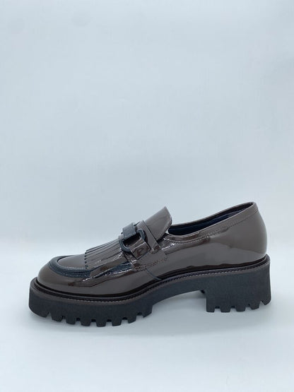 Dark Patent Leather Fringe Loafers with Chunky Sole
