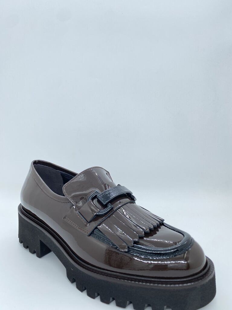 Dark Patent Leather Fringe Loafers with Chunky Sole