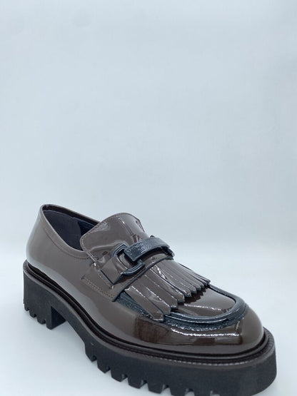 Dark Patent Leather Fringe Loafers with Chunky Sole