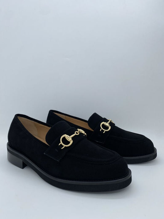 Black Suede Loafers with Gold Bit Detail