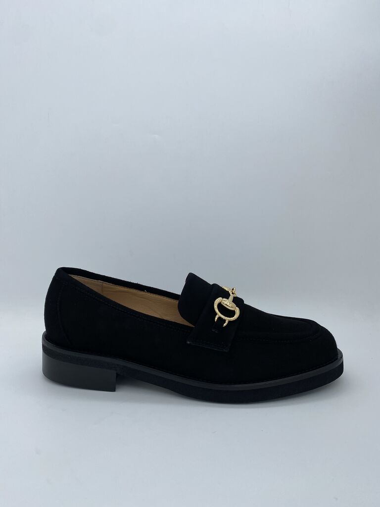 Black Suede Loafers with Gold Bit Detail