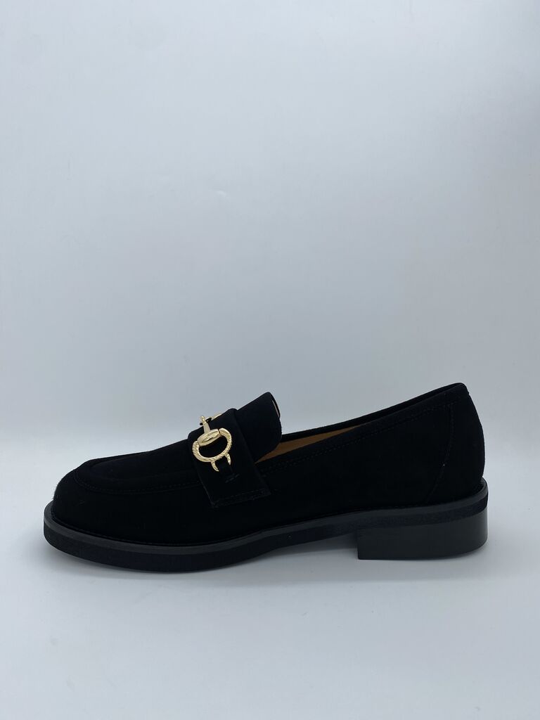 Black Suede Loafers with Gold Bit Detail