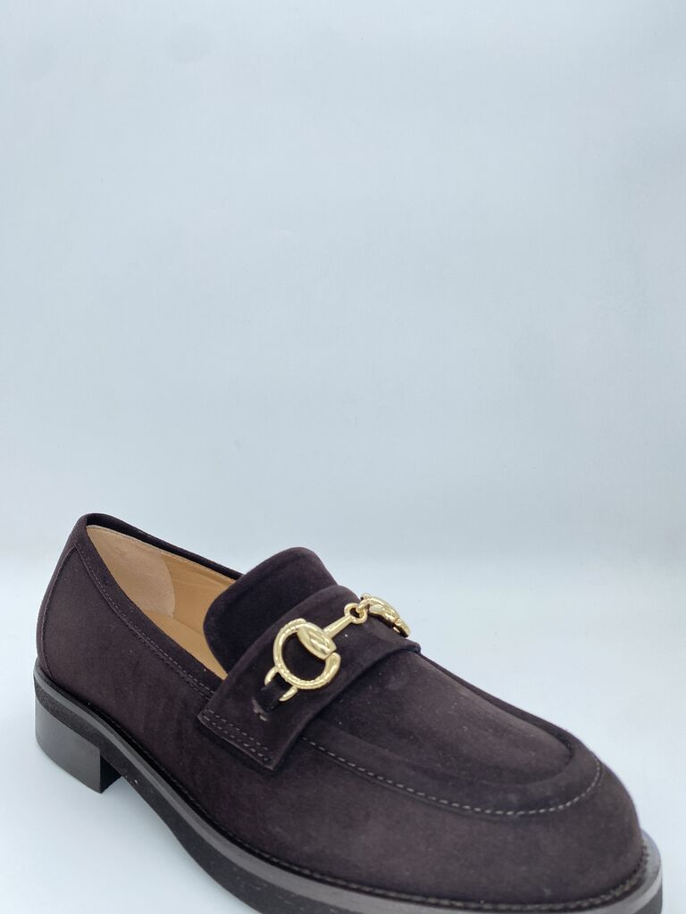 Brown Suede Loafer with Gold Accent