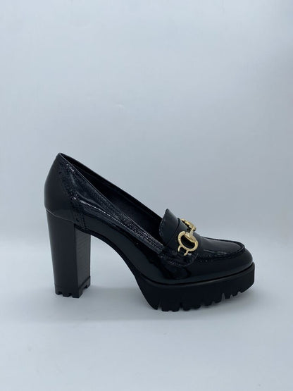 Black Patent Loafers with Gold Accent