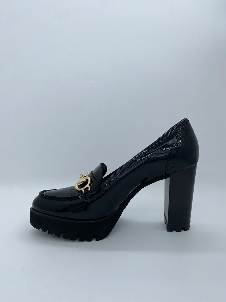 Black Patent Loafers with Gold Accent
