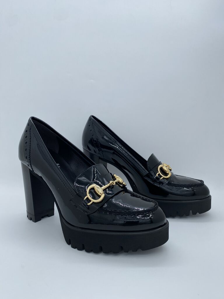 Black Patent Loafers with Gold Accent