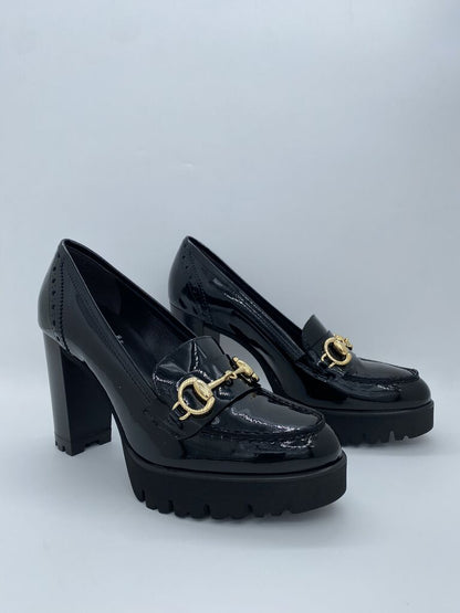 Black Patent Loafers with Gold Accent