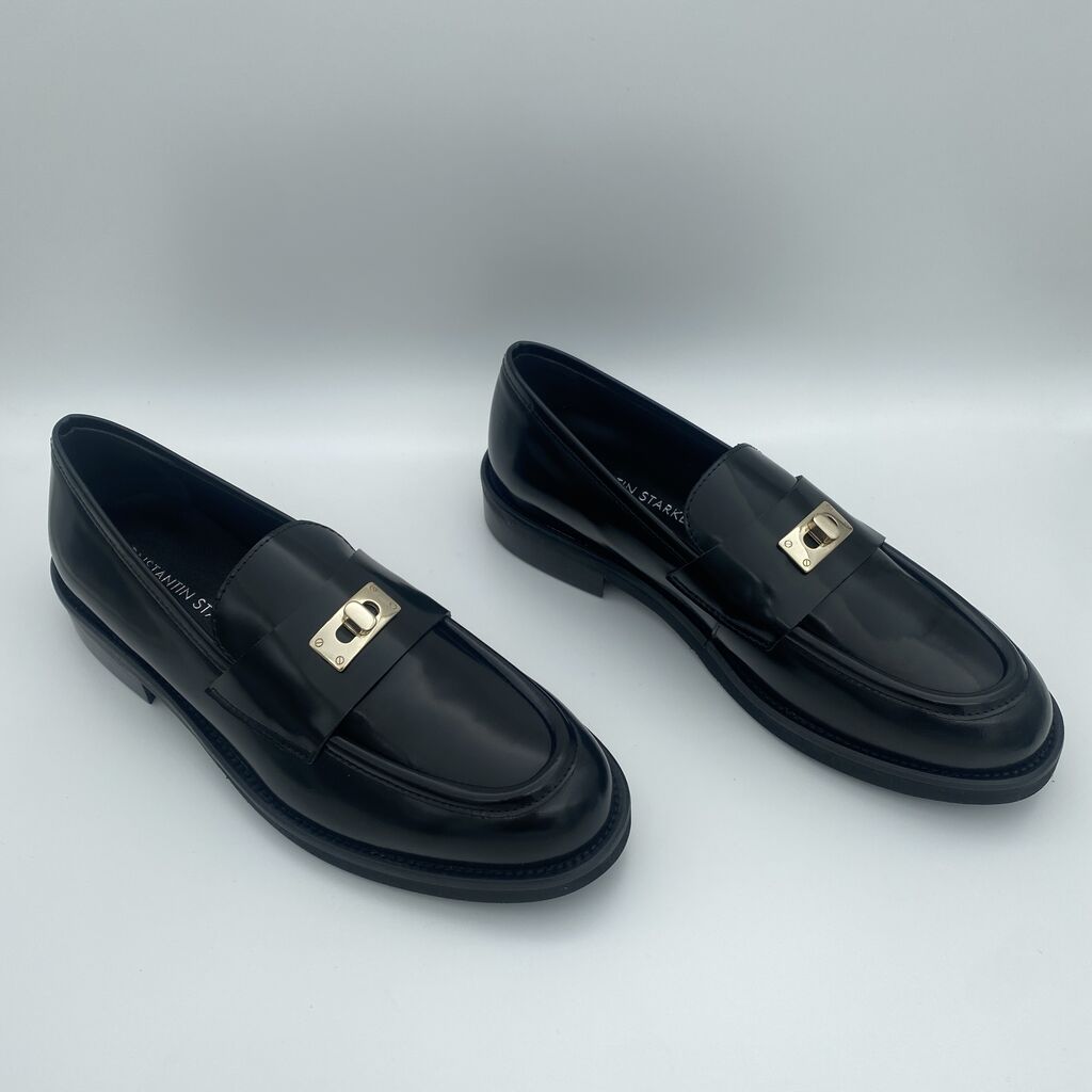 Black Glossy Loafers with Gold Buckle Detail