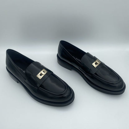 Black Glossy Loafers with Gold Buckle Detail