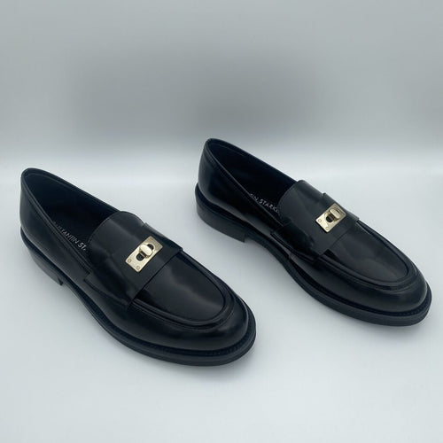 Black Glossy Loafers with Gold Buckle Detail