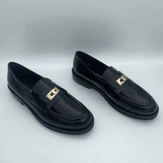 Black Glossy Loafers with Gold Buckle Detail