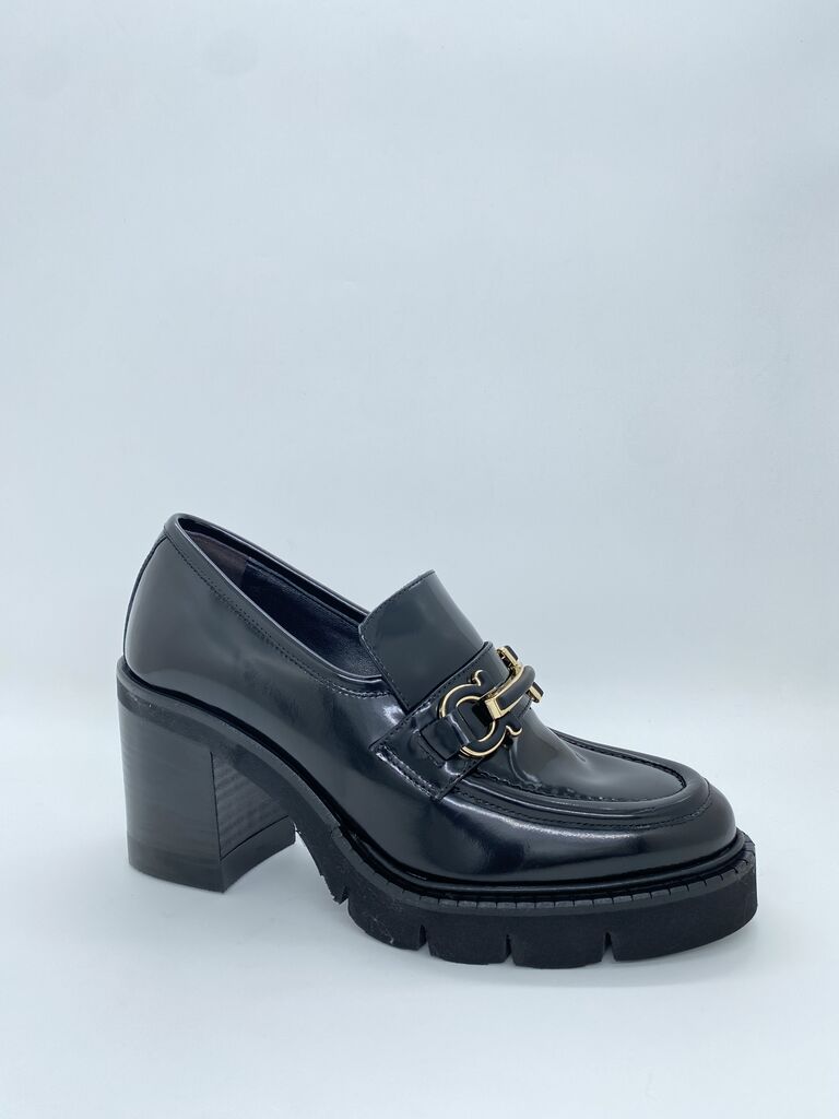 Black Patent Loafer with Gold Buckle Detail