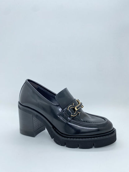 Black Patent Loafer with Gold Buckle Detail