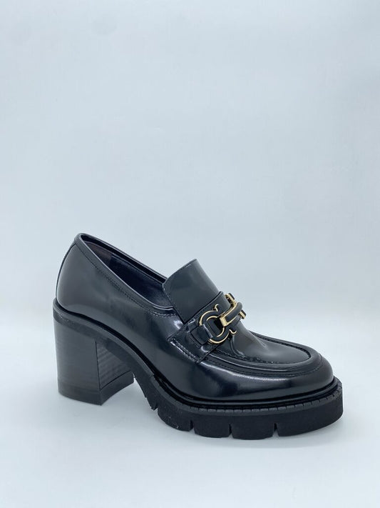 Black Patent Loafer with Gold Buckle Detail
