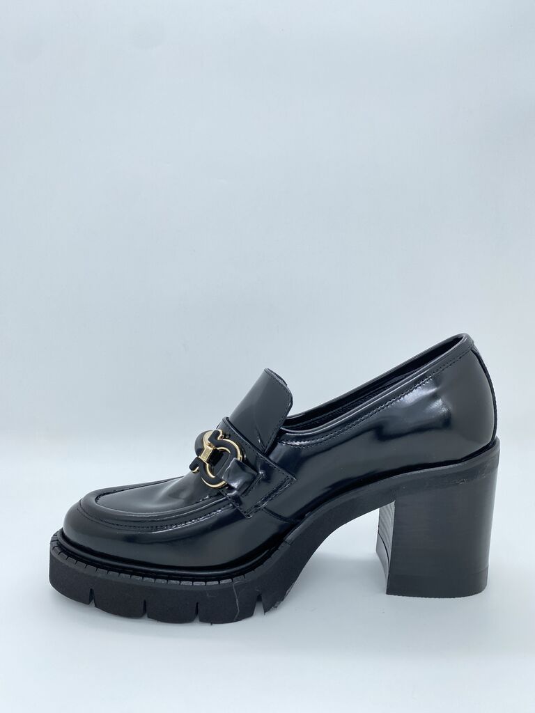 Black Patent Loafer with Gold Buckle Detail