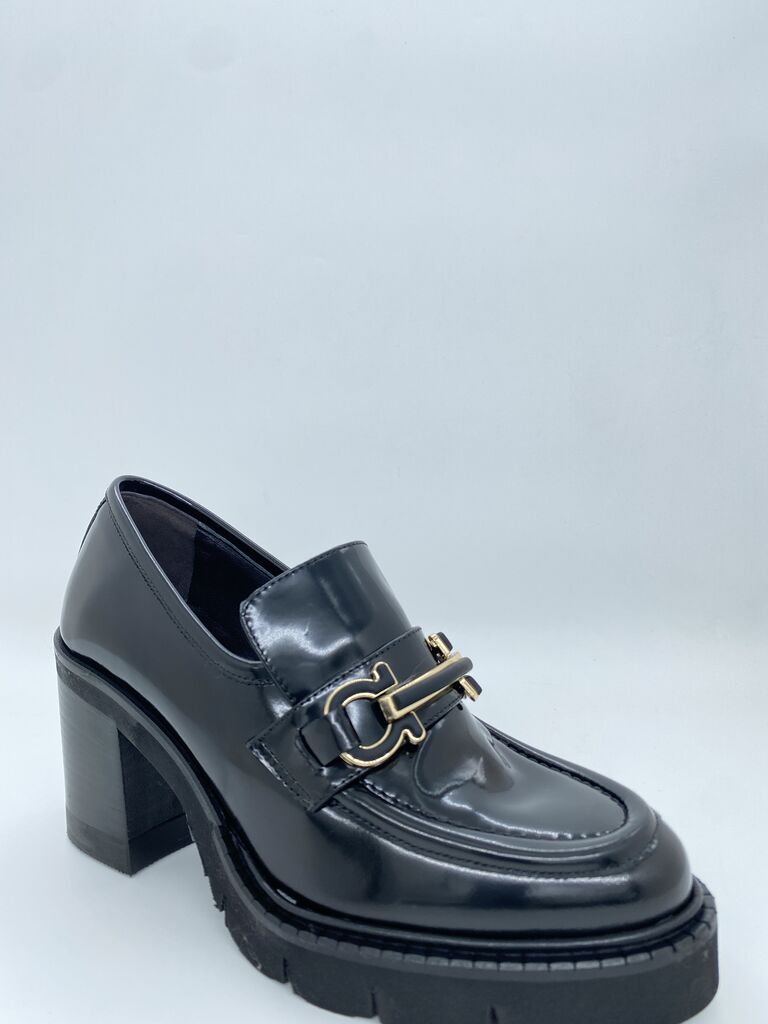 Black Patent Loafer with Gold Buckle Detail