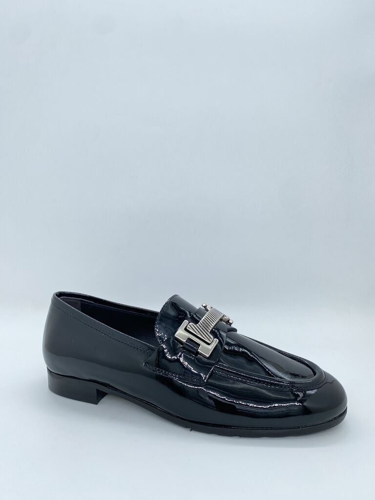 Black Patent Loafer with Buckle Accent