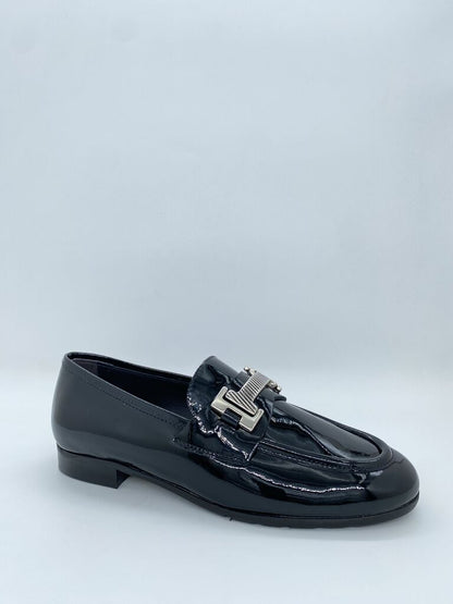 Black Patent Loafer with Buckle Accent