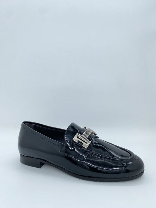 Black Patent Loafer with Buckle Accent