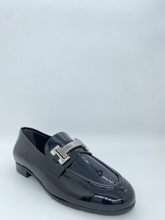 Black Patent Loafer with Buckle Accent
