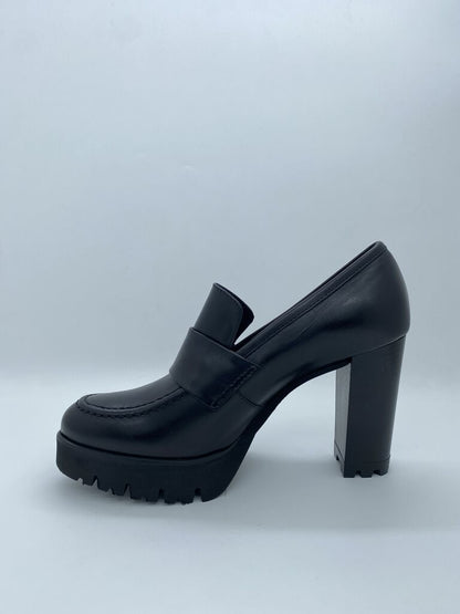 Black Leather Heeled Loafers with Lug Sole