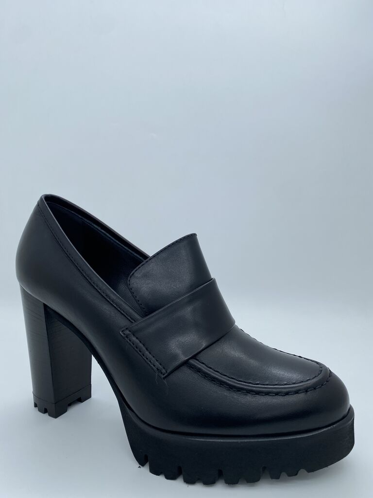 Black Leather Heeled Loafers with Lug Sole