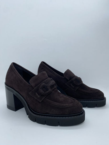 Dark Brown Suede Platform Loafers with Block Heel
