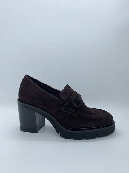 Dark Brown Suede Platform Loafers with Block Heel