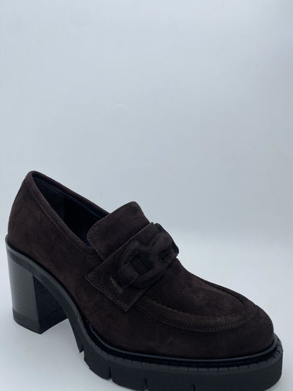 Dark Brown Suede Platform Loafers with Block Heel