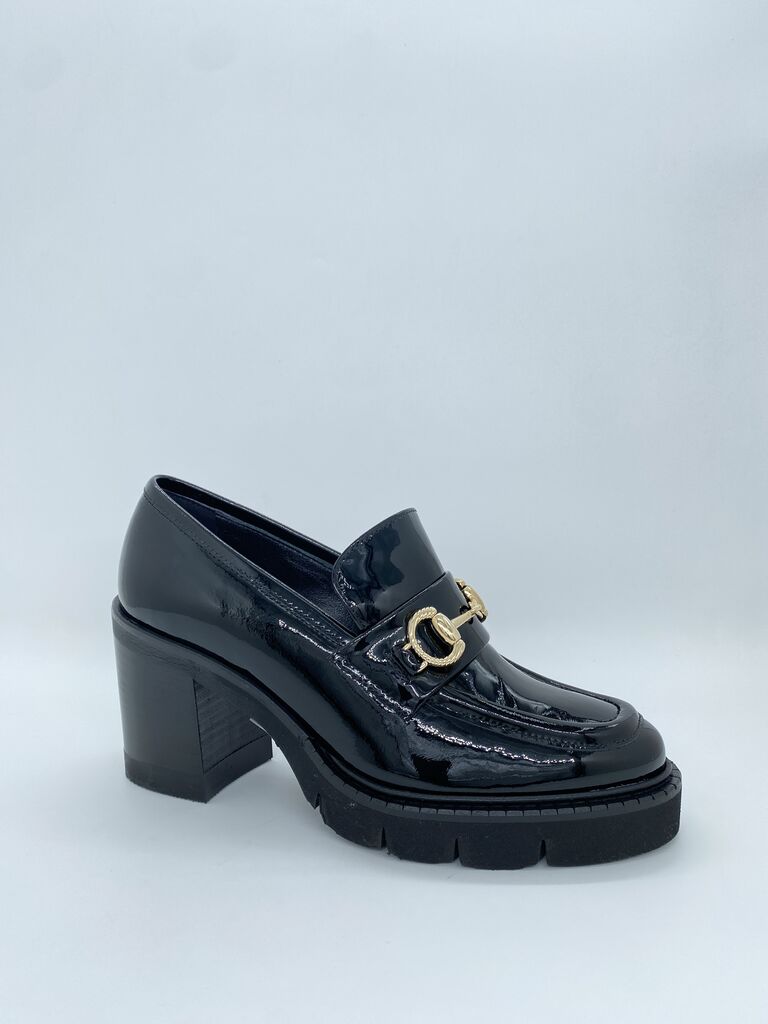Black Patent Leather Loafer with Block Heel