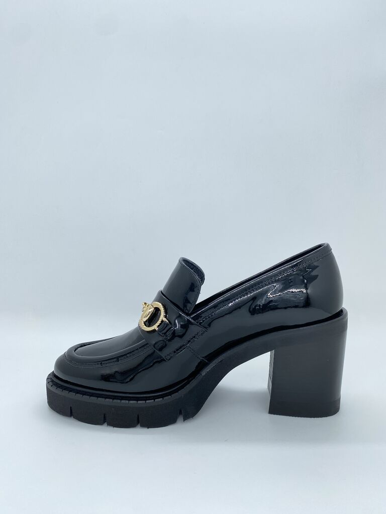 Black Patent Leather Loafer with Block Heel