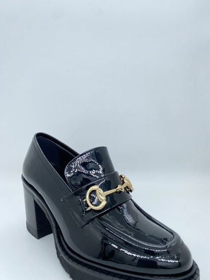 Black Patent Leather Loafer with Block Heel
