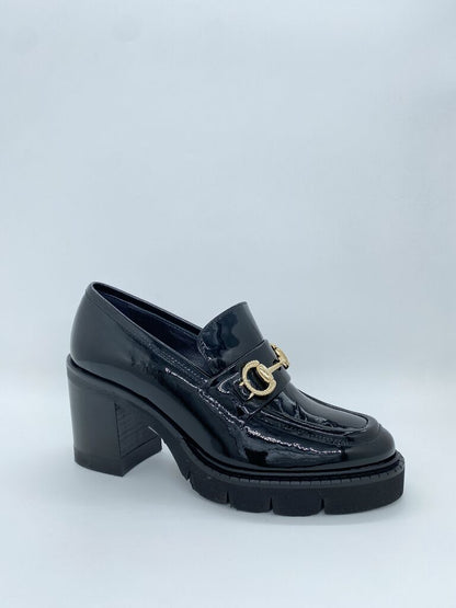 Black Patent Leather Loafer with Block Heel