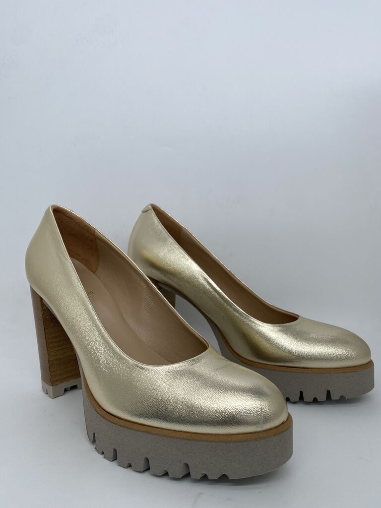 Gold Platform Leather Heel with Chunky Sole