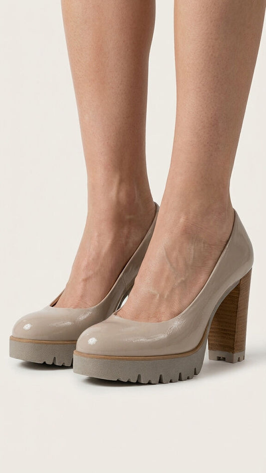 Nude Patent Platform Heel with Chunky Sole