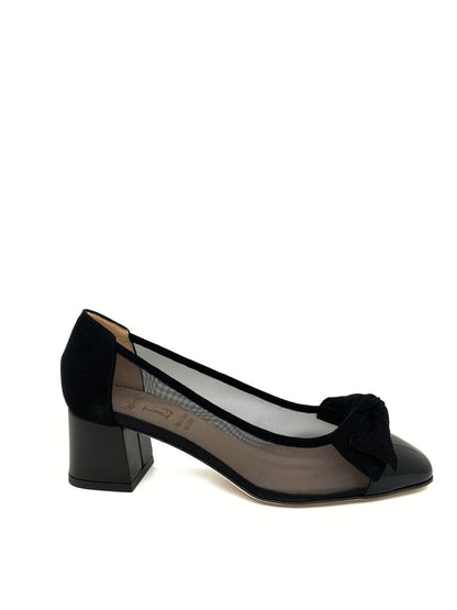 Black Mesh Block Heel Pump with Bow Detail