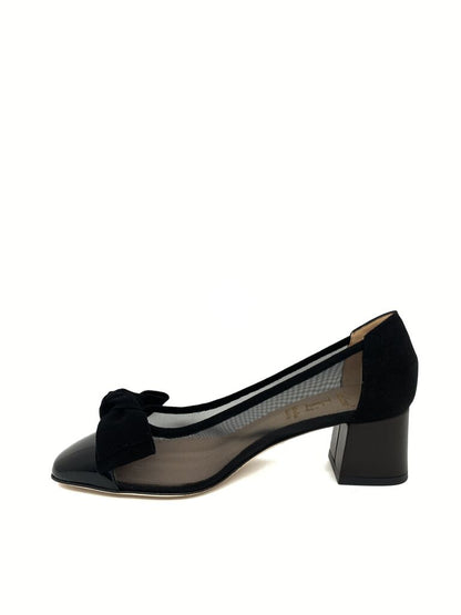 Black Mesh Block Heel Pump with Bow Detail