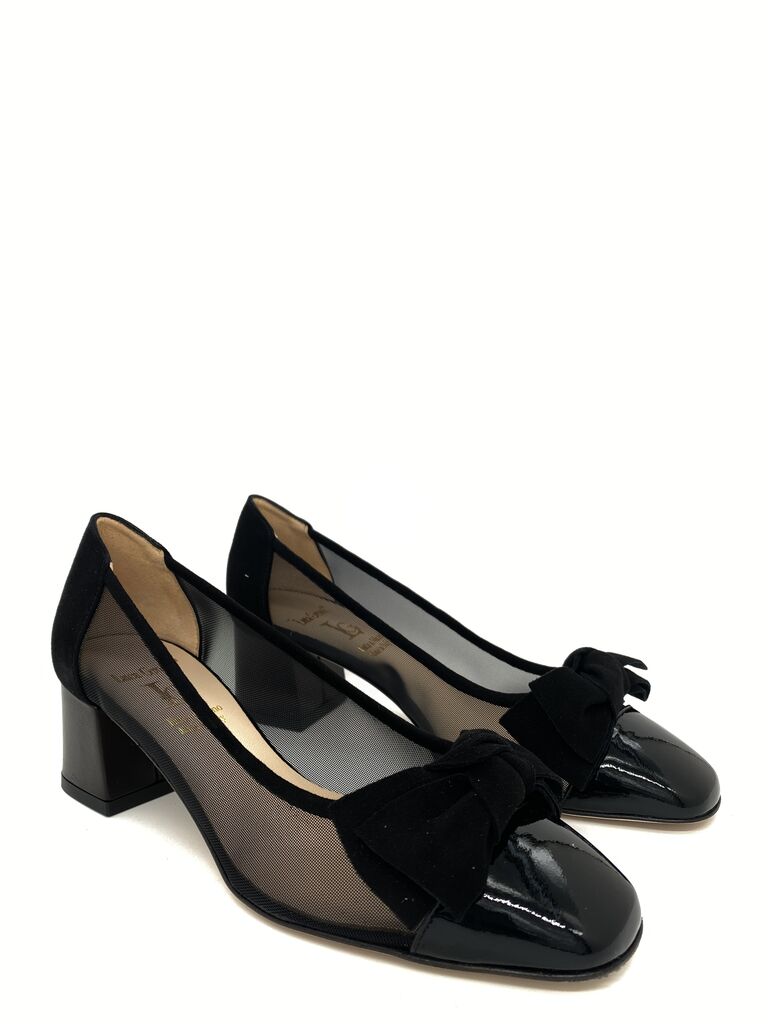Black Mesh Block Heel Pump with Bow Detail